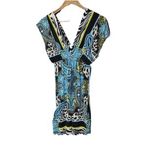 Y2K Blue Green Short Sleeve Stretch Mini Dress Paisley Animal Print Jersey Shore